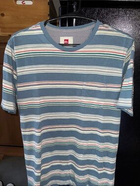 Vintage Retro Quiksilver Blue Striped Pocket Tee with Multicolor Accents
